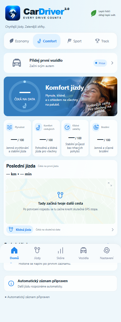 Skutečné rozhraní testovací aplikace CarDriver před první jízdou: profil Comfort čeká na data